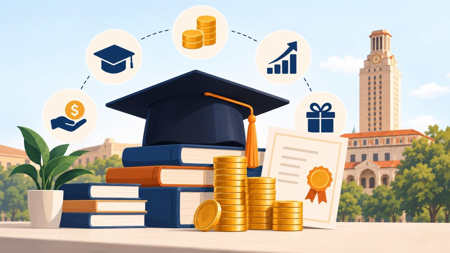 Illustration of McCombs MBA scholarship value with graduation cap, books, financial aid certificate and stacks of coins on a university campus.